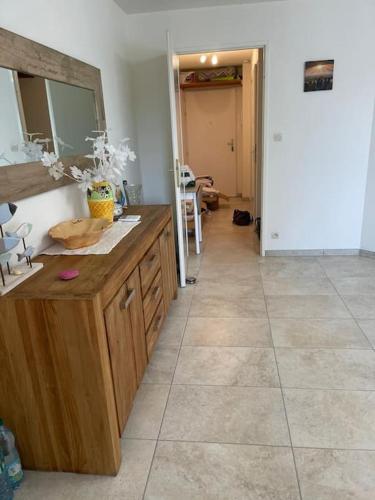 une salle de bain avec un lavabo et un miroir dans une pièce dans l'établissement Grabels Soleil Calme & Piscine, à Grabels