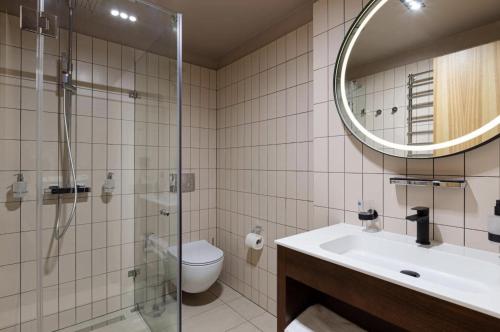 a bathroom with a toilet and a sink and a mirror at Ribas Karpaty in Bukovel
