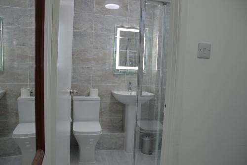 a bathroom with a toilet and a sink at Holly Lodge in Weston-super-Mare