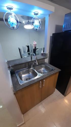 a kitchen with a stainless steel sink and two lights at Palmer in Santiago de los Caballeros