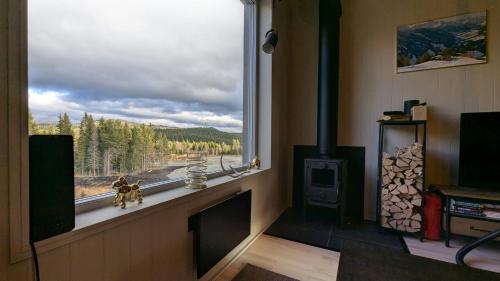 a living room with a fireplace and a window with a view at Viste Funäsdalen in Funäsdalen
