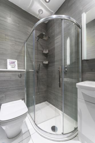 a bathroom with a shower with a toilet and a sink at Ochil View in Stirling