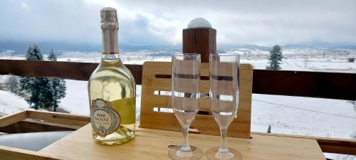 een fles wijn en twee glazen op een tafel bij Monte Zen in Žabljak