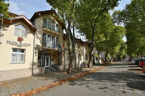 a hotelller building on the side of a street at Hotel Platan in Székesfehérvár