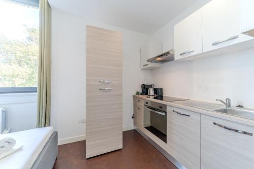 une cuisine avec des armoires blanches et un évier dans l'établissement Maison Fontanieres studio Le Roule, à La Mulatière