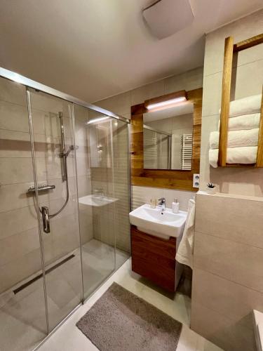 a bathroom with a shower and a sink at Apartmán Dubový důl in Cerny Dul
