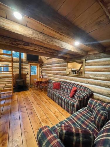 a living room with two couches and a table at Wind Down Log Cabin in the Woods with Cozy Woodstove in Qualicum Beach