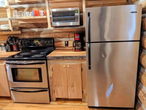a kitchen with a stainless steel refrigerator and a microwave at Wind Down Log Cabin in the Woods with Cozy Woodstove in Qualicum Beach