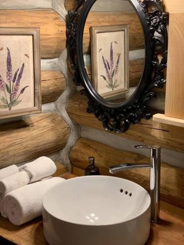 a bathroom with a sink and a mirror and towels at Wind Down Log Cabin in the Woods with Cozy Woodstove in Qualicum Beach