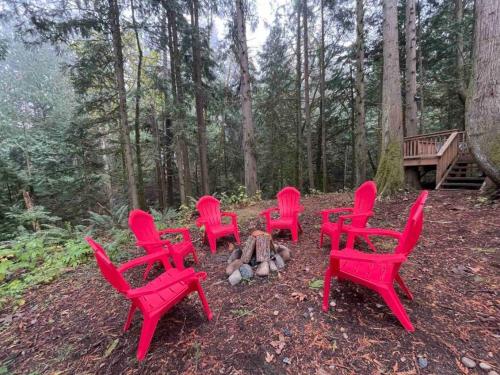 a group of red chairs sitting in the woods at Wind Down Log Cabin in the Woods with Cozy Woodstove in Qualicum Beach