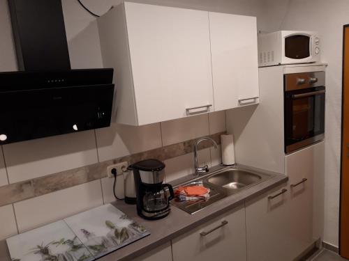 a small kitchen with a sink and a microwave at Haus Morgenstern Fewo Ünnern in Neuharlingersiel