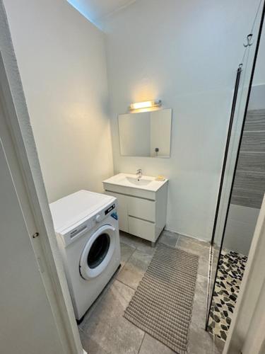 a bathroom with a washing machine and a sink at T2 en centre ville in Cayenne