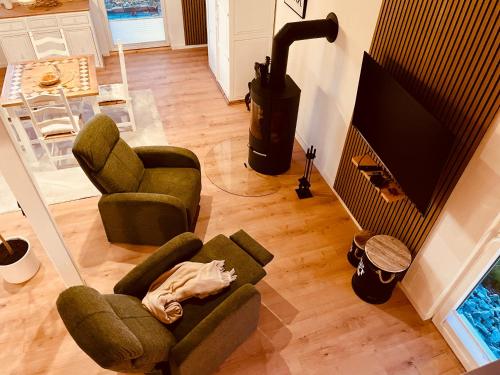 ein Wohnzimmer mit Sofa und Kamin in der Unterkunft Auszeit im Tiny House LORE Westerwald in Steinebach