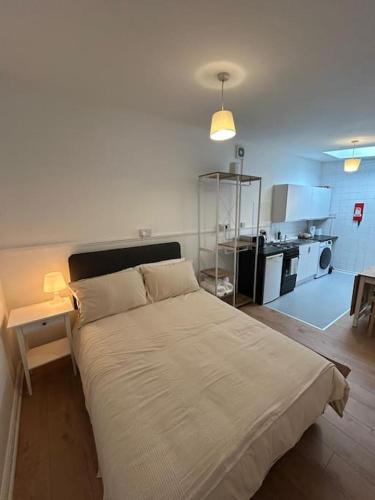 a bedroom with a large bed and a kitchen at Cosy Gem in Cardiff in Cardiff