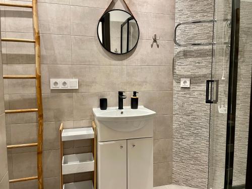 een badkamer met een wastafel en een spiegel bij Studio Elizabete 3 in Rīga
