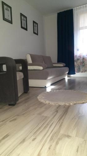 a living room with a couch and a wooden floor at Apartament Komfort in Gliwice