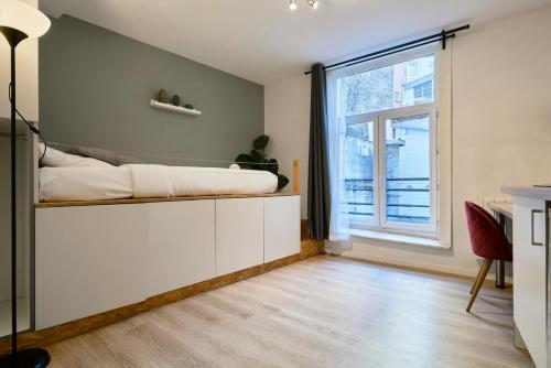 une chambre avec un lit et une grande fenêtre dans l'établissement Fully-equipped studio next to Lille Flandres, à Lille