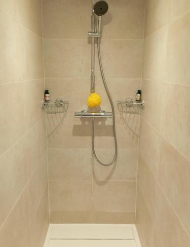 une douche avec pommeau de douche dans une salle de bain dans l'établissement Paisible escale chez l'habitant, à Vitry-sur-Seine