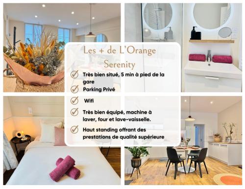 un collage d'images d'une chambre et d'une salle de bains dans l'établissement L'Orange Serenity - Parking - Gare à 5 min, à Troyes