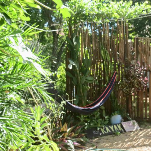 a hammock in a garden next to a fence at Cabañitas y Dorms in Bacalar