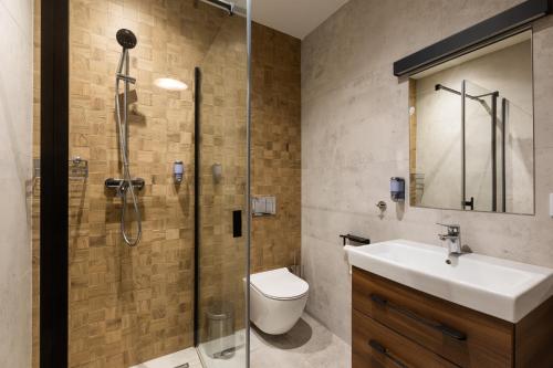 a bathroom with a shower and a toilet and a sink at Willa Marywil in Żarki