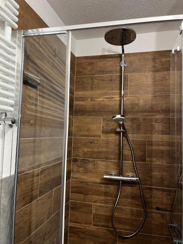 a shower in a bathroom with a wooden wall at Chalet Letizia Mountain and Relax - Your Mountain Holiday in Premana