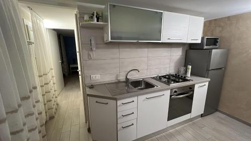 a small kitchen with a sink and a refrigerator at Dreams 116 Calle Cipolla in Chioggia
