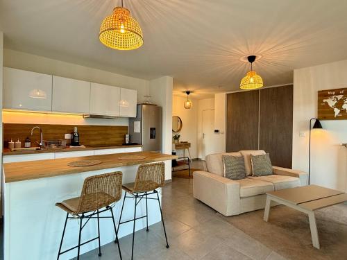 une cuisine et un salon avec un canapé et une table dans l'établissement T3 avec balcon et parking privé, à Villefranche-sur-Saône