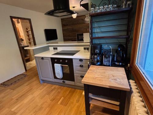 - une cuisine équipée d'une cuisinière four supérieur dans l'établissement Charmant appartement moderne à La Chapelle-d'Abondance, 1 chambre, 4 pers, parking, non fumeur - FR-1-692-77, à La Chapelle-dʼAbondance