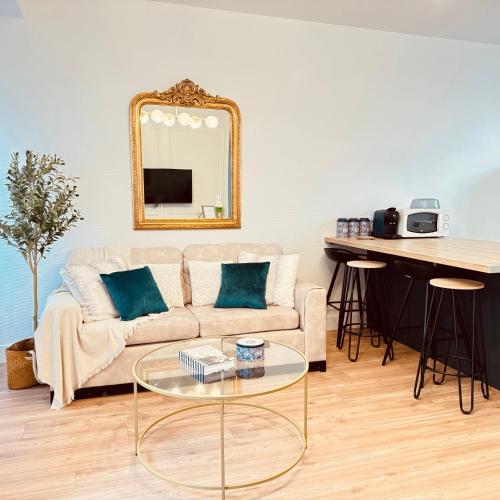 un salon avec un canapé et une table dans l'établissement L'Olivier - Netflix - Bureau - Proche centre Troyes, à Troyes
