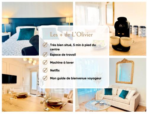 un collage de photos d'une chambre et d'un salon dans l'établissement L'Olivier - Netflix - Bureau - Proche centre Troyes, à Troyes