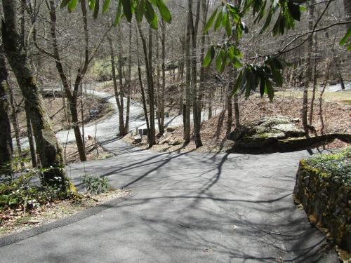 a path through a wooded area with trees at Sugar Mountain Drive 1866 Home in Sugar Mountain