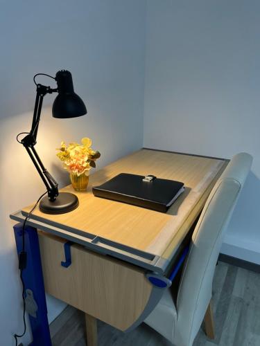 a desk with a laptop and a lamp on it at Sweet Home in Barsinghausen