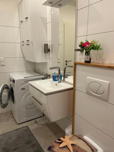 a bathroom with a sink and a washing machine at Sweet Home in Barsinghausen