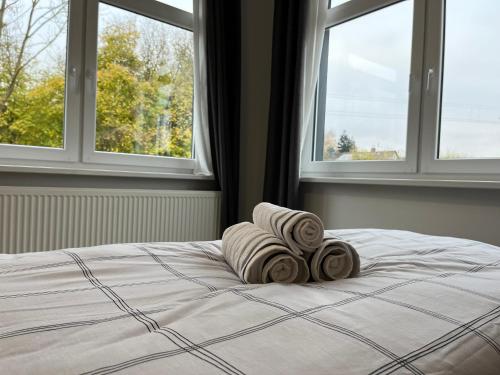 a bed with three pillows on it with two windows at Sweet Home in Barsinghausen