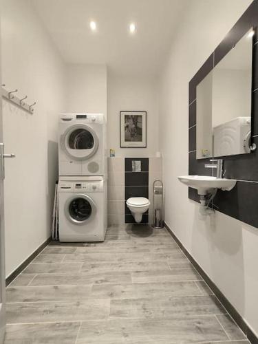une salle de bain avec une machine à laver et un lavabo dans l'établissement Spacieux-6 pers-bien équipé-quartier du château, à Pau