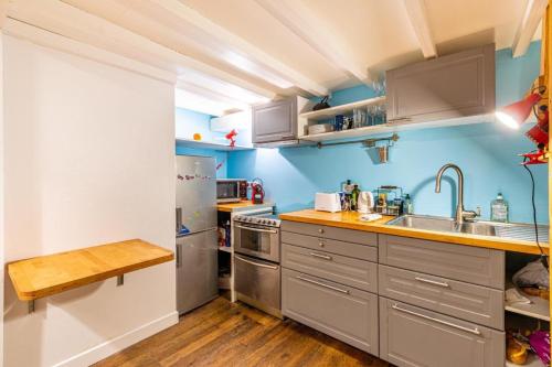 une cuisine avec des murs bleus et des appareils en acier inoxydable dans l'établissement Joli - Lovely studio Paris, à Paris