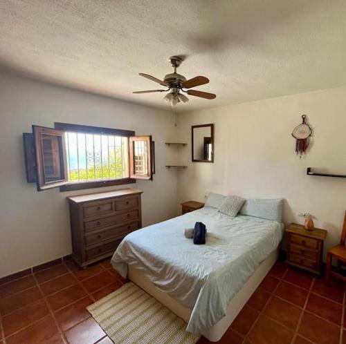 a bedroom with a bed and a ceiling fan at Paraje del Almendral- Casa Grande in Lanjarón