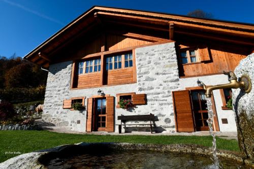 una casa con una fuente delante de ella en Chalet Maciana, en Porte di Rendena