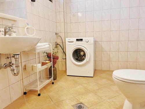 a bathroom with a washing machine and a sink at Garden villa in Budapest