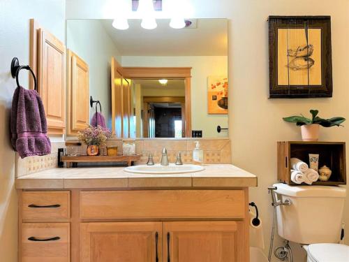a bathroom with a sink and a toilet and a mirror at Coeur d Alene Riverstone Retreat in Coeur d'Alene