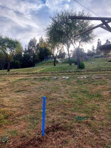 a blue pole in the middle of a field at Estancia Don Domingo in Hualañé