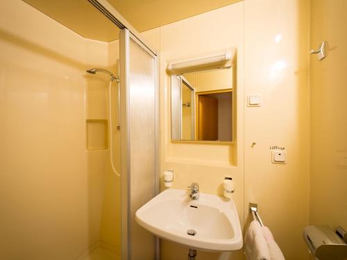 a bathroom with a sink and a shower with a mirror at Alpengasthof Draxler in Forstau