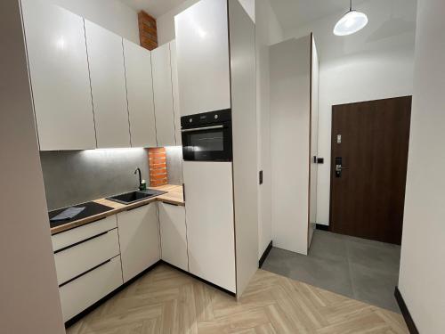 a kitchen with white cabinets and a black appliance at Pod Błękitnymi Podkowami in Wrocław
