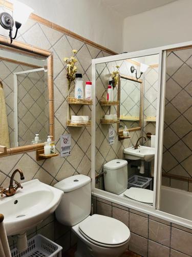a bathroom with a toilet and two sinks and a mirror at Muley Hacén in Capileira