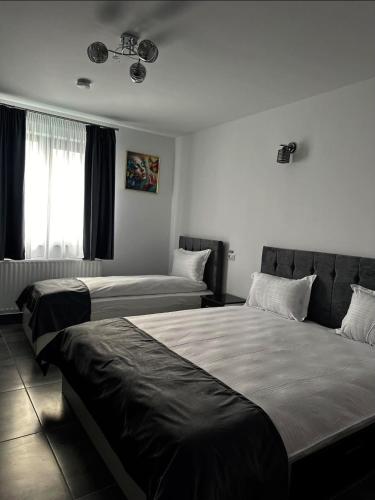 a hotel room with two beds and a window at Pensiunea Giulia in Afumaţi