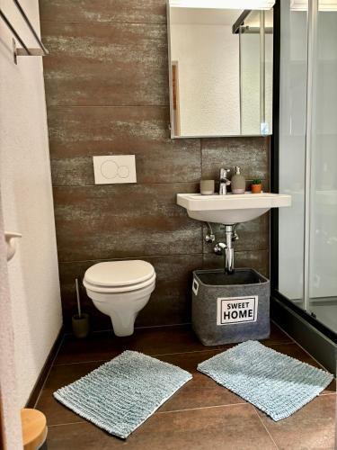 a bathroom with a toilet and a sink and a mirror at Mitten in den Glarner Alpen Hot Tub & Alpenblick in Ennenda