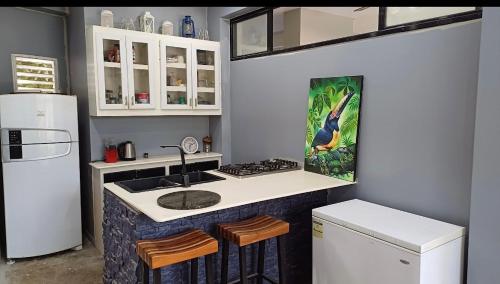 a kitchen with a sink and a stove and a refrigerator at Dove Escapes- 2 bdrm appt in village of Placencia in Placencia Village