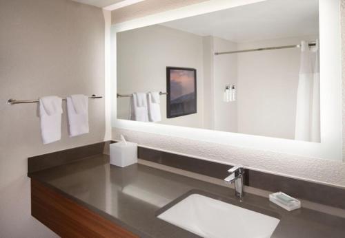 a bathroom with a sink and a large mirror at Fairfield Inn & Suites by Marriott Charleston in Charleston