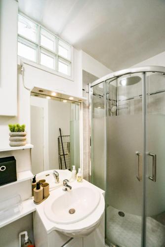 une salle de bain avec un lavabo et une douche en verre dans l'établissement Le Mirage Des Sables - Parking - Netflix, à Tours